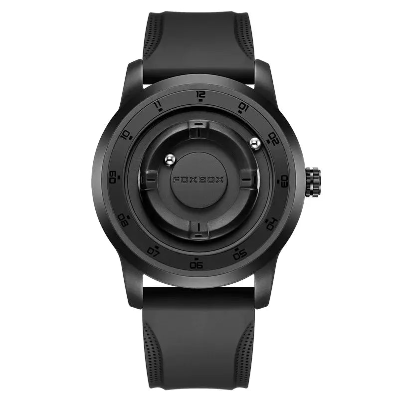 FOXBOX men's watch with black silicone strap and floating magnetic pointer design