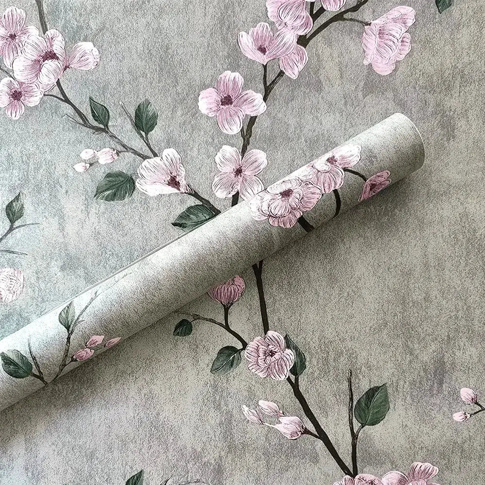 Simples Market floral grey peel-and-stick wallpaper roll with pink blossoms, removable waterproof decor paper