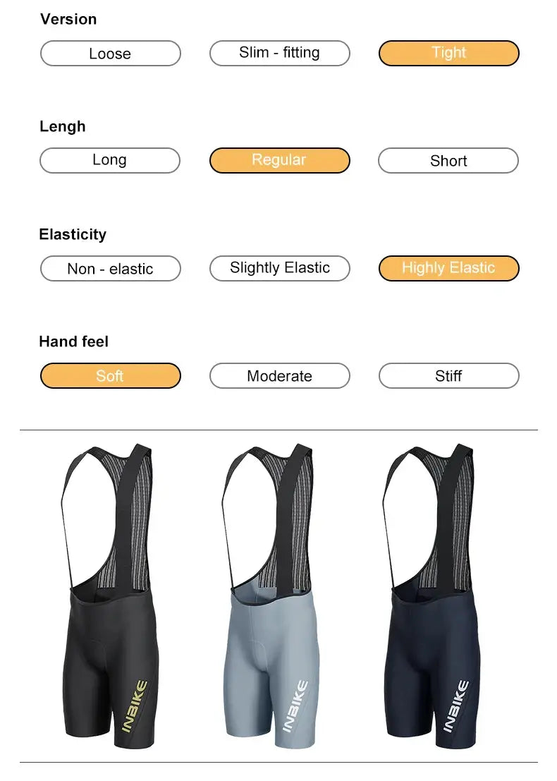INBIKE men's MTB cycling bib shorts in black, gray, and navy with mesh suspenders and INBIKE branding, three pieces