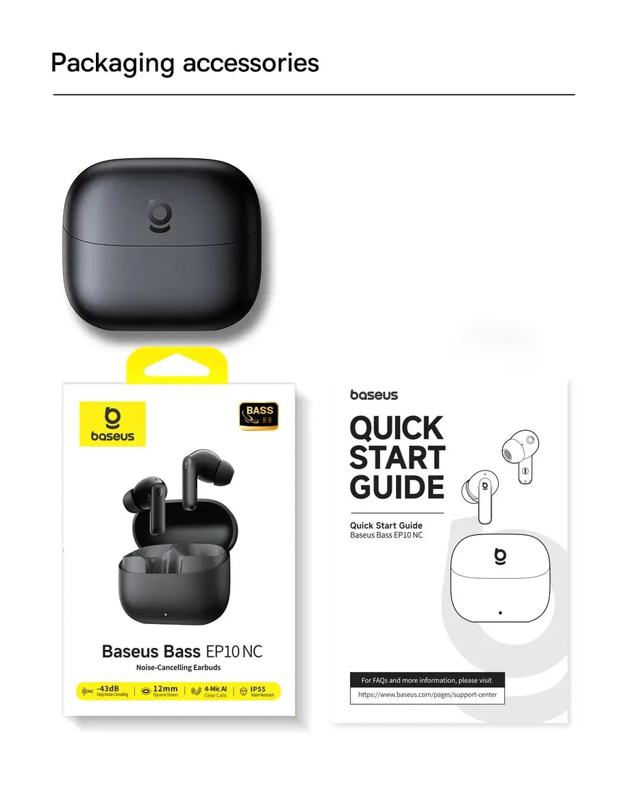 Baseus Bass EP10 NC earbuds packaging set: black charging case, earbud box, quick start guide (3 items)