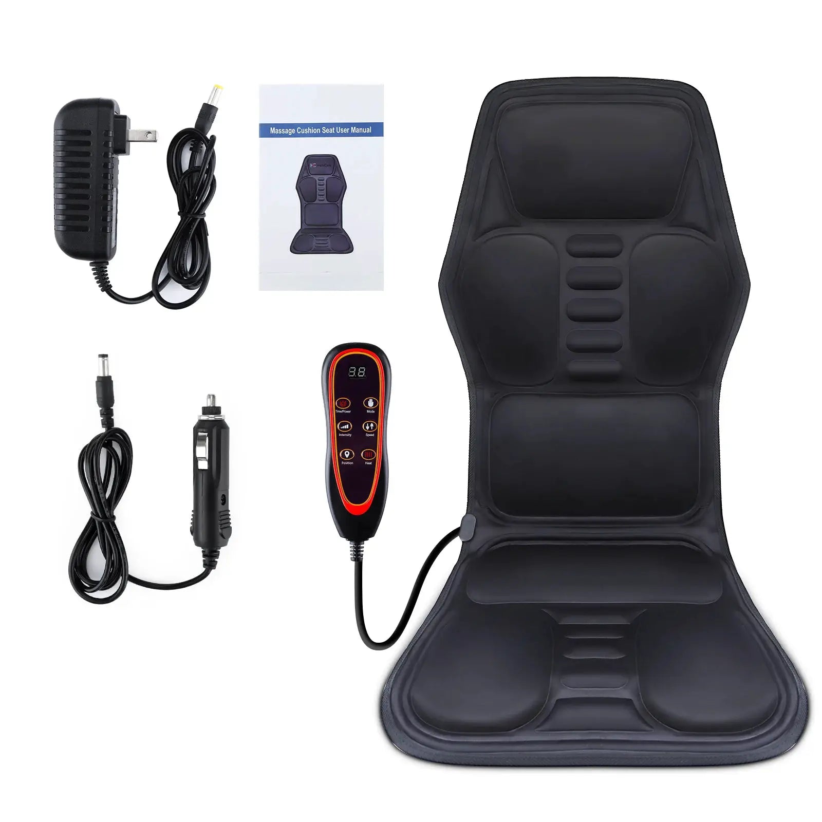 Electric back massager chair cushion with infrared heating, remote, manual, and power adapters