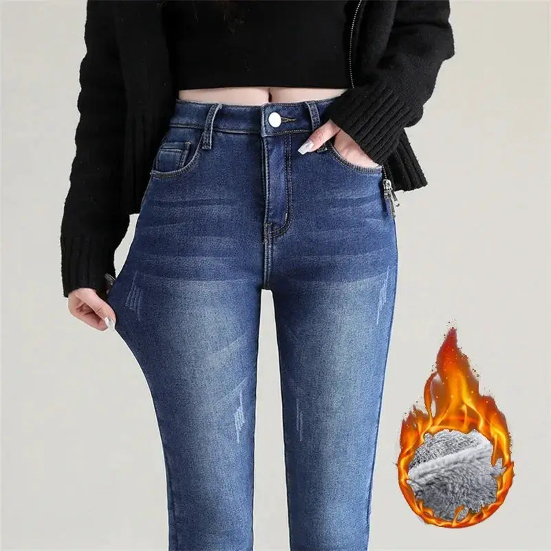 Women Thermal Jeans Fleece Lined Warm Stretch Slim Fit Pants Korean