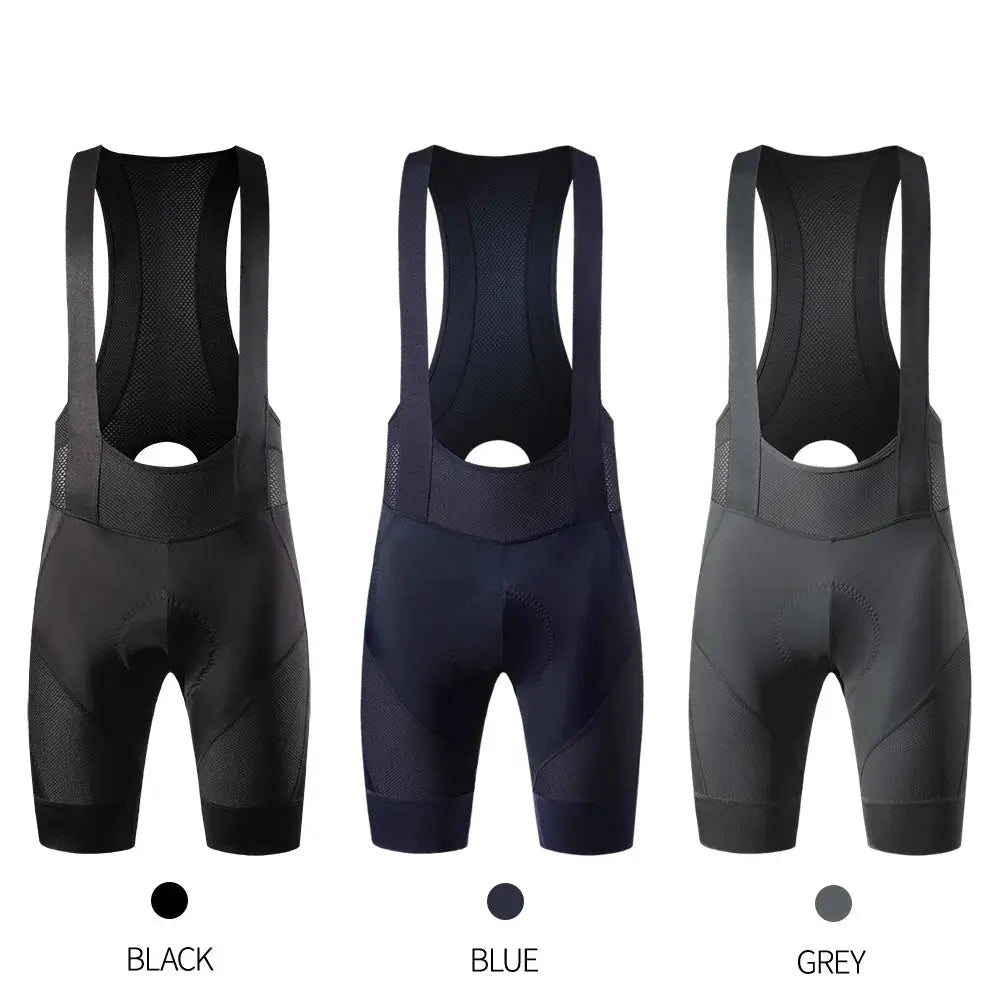 RION men’s cycling bib shorts; padded long-distance MTB tights in black, blue and grey (3 colorways)