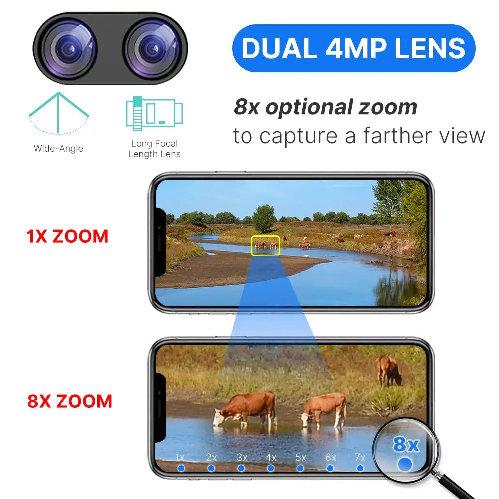 Hiseeu 4K 8MP dual-lens PTZ WiFi IP camera by Simples Market; 8x zoom for outdoor surveillance; shown on two smartphones