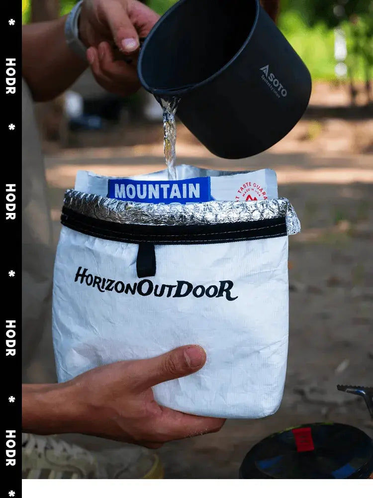 HorizonOutdoor insulated Tyvek food pouch, white with foil-lined rim and black strap for ultralight outdoor meals