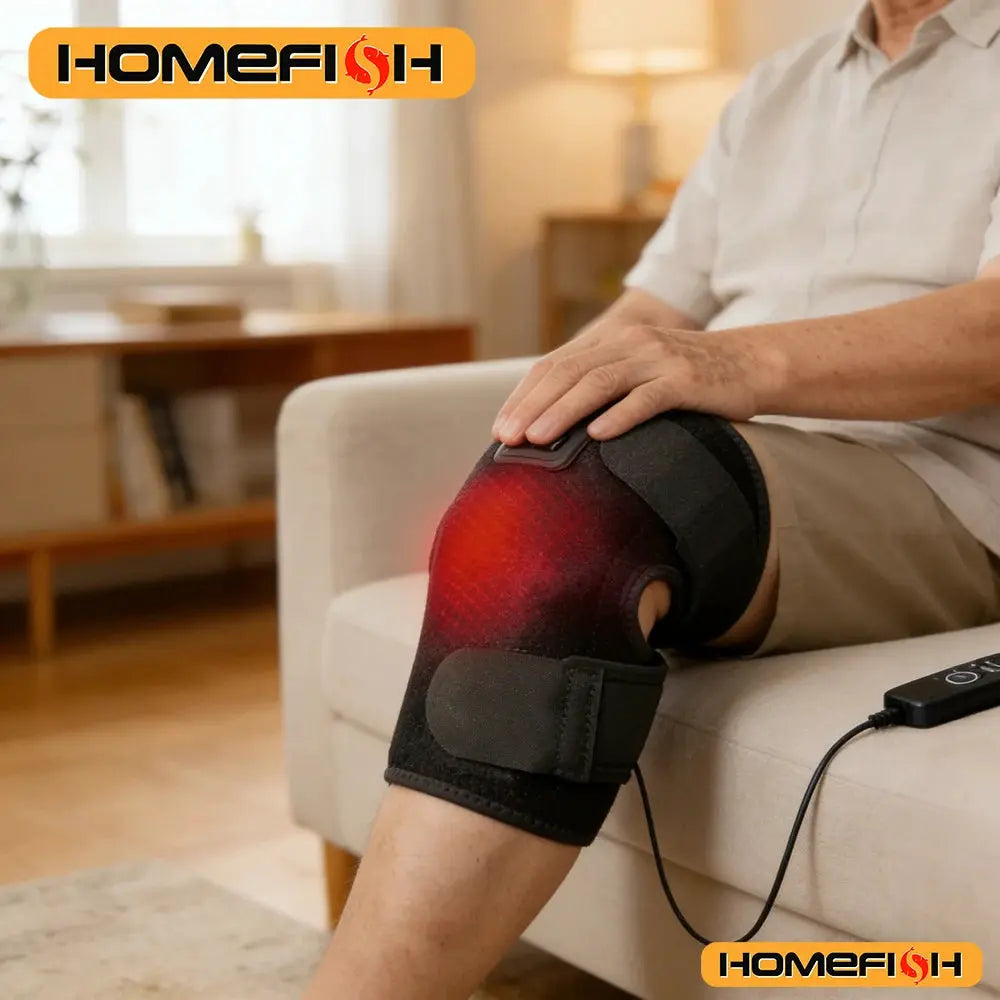 Electric knee heating pad by Simples Market, USB-powered adjustable black knee wrap with red heat glow; HOMEFISH logo.
