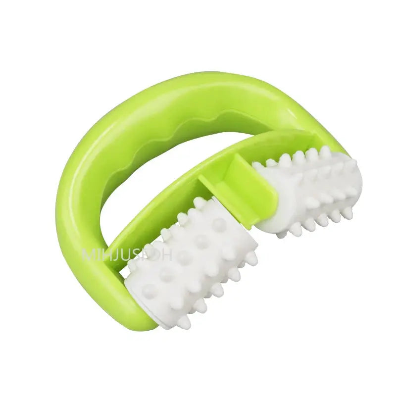 Handheld anti-cellulite roller massager with lime green handle and dual white textured rollers