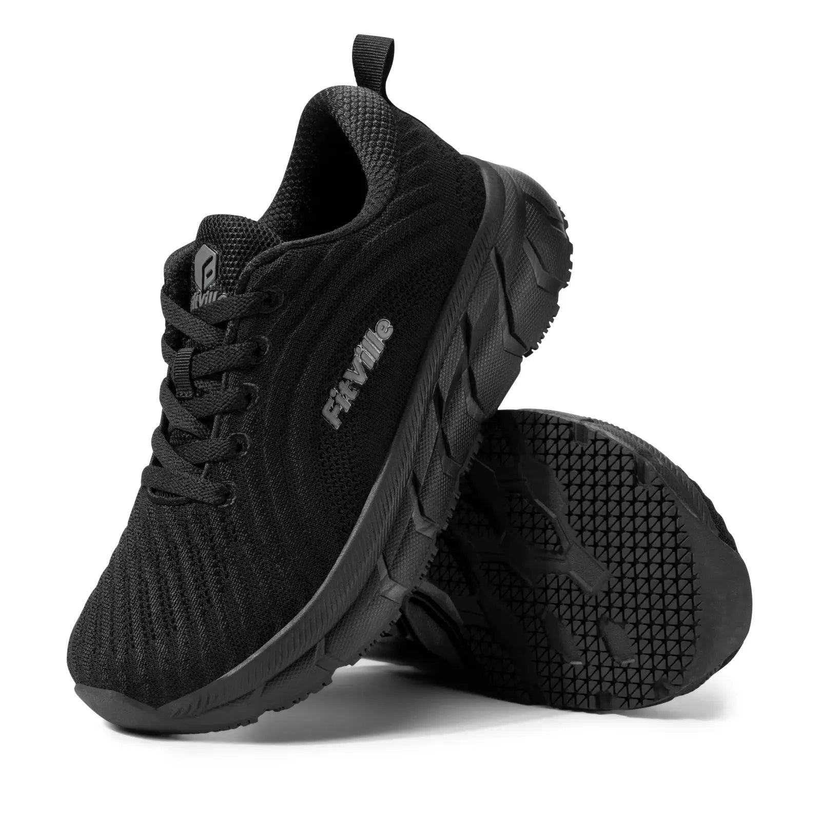 FitVille men's black wide-toe running shoes with knit upper and rugged non-slip outsole