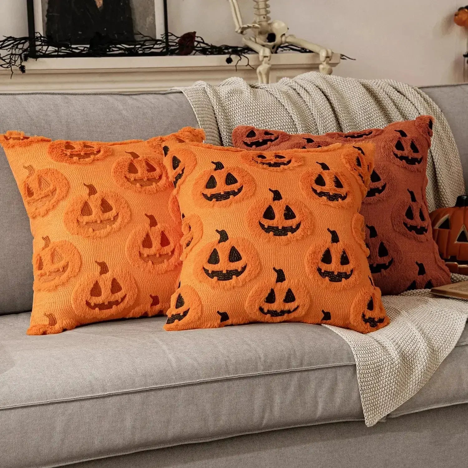 Pillow covers with pumpkin pattern, Halloween 45x45, orange plush faux-wool, Simples Market