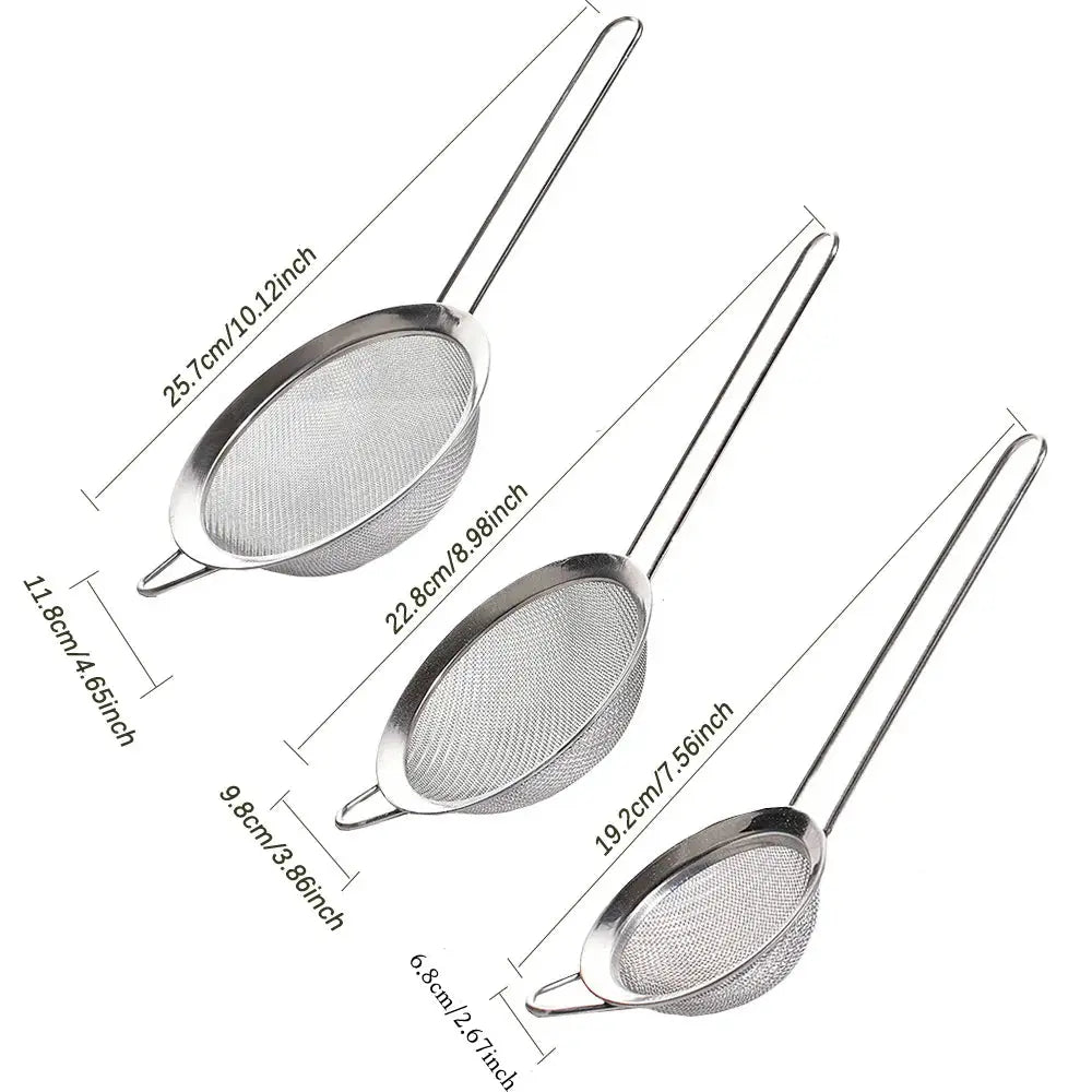 3 Piece Fine Mesh Strainer Set Stainless Steel Multipurpose Flour Sieve Sifter With Handle For Tea And Eggs Kitchen Tool