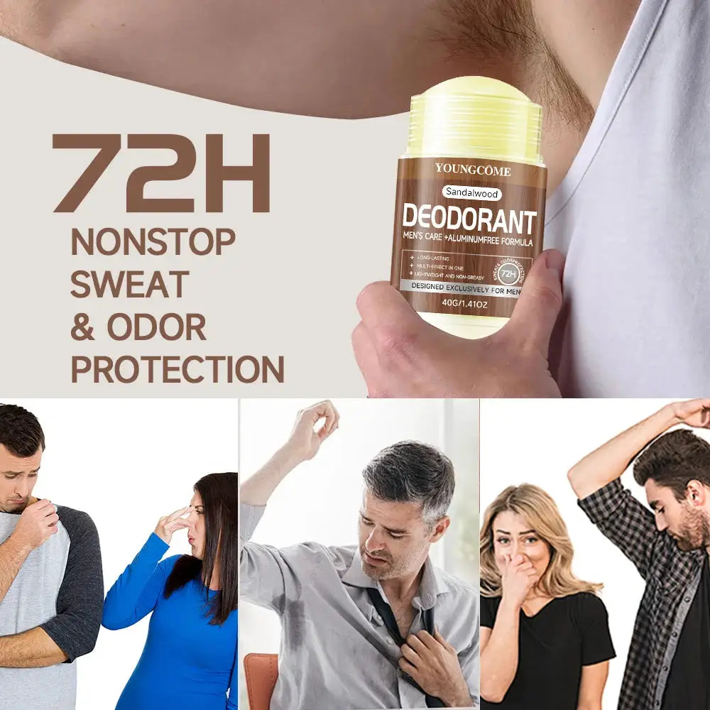 Men sandalwood deodorant stick by YoungCome, 40g brown container with sandalwood label for 72h odor protection.