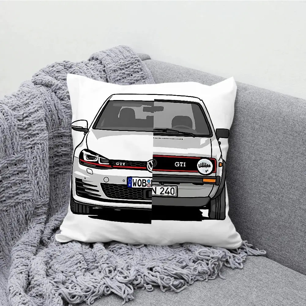 G-Golf G-GTI car pillow case with a split white/gray VW GTI illustration for farmhouse decor.