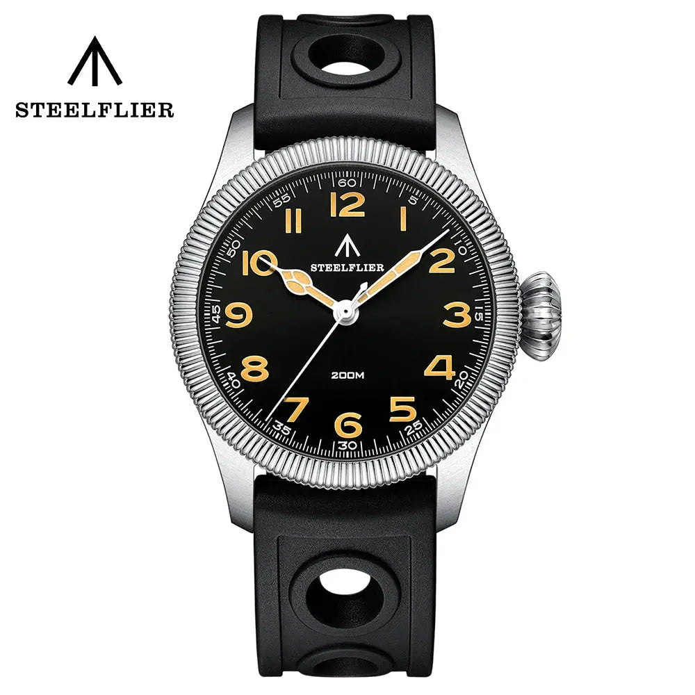 Watch: STEELFLIER SF741 quartz wristwatch with black dial, gold numerals, silver bezel, black silicone strap