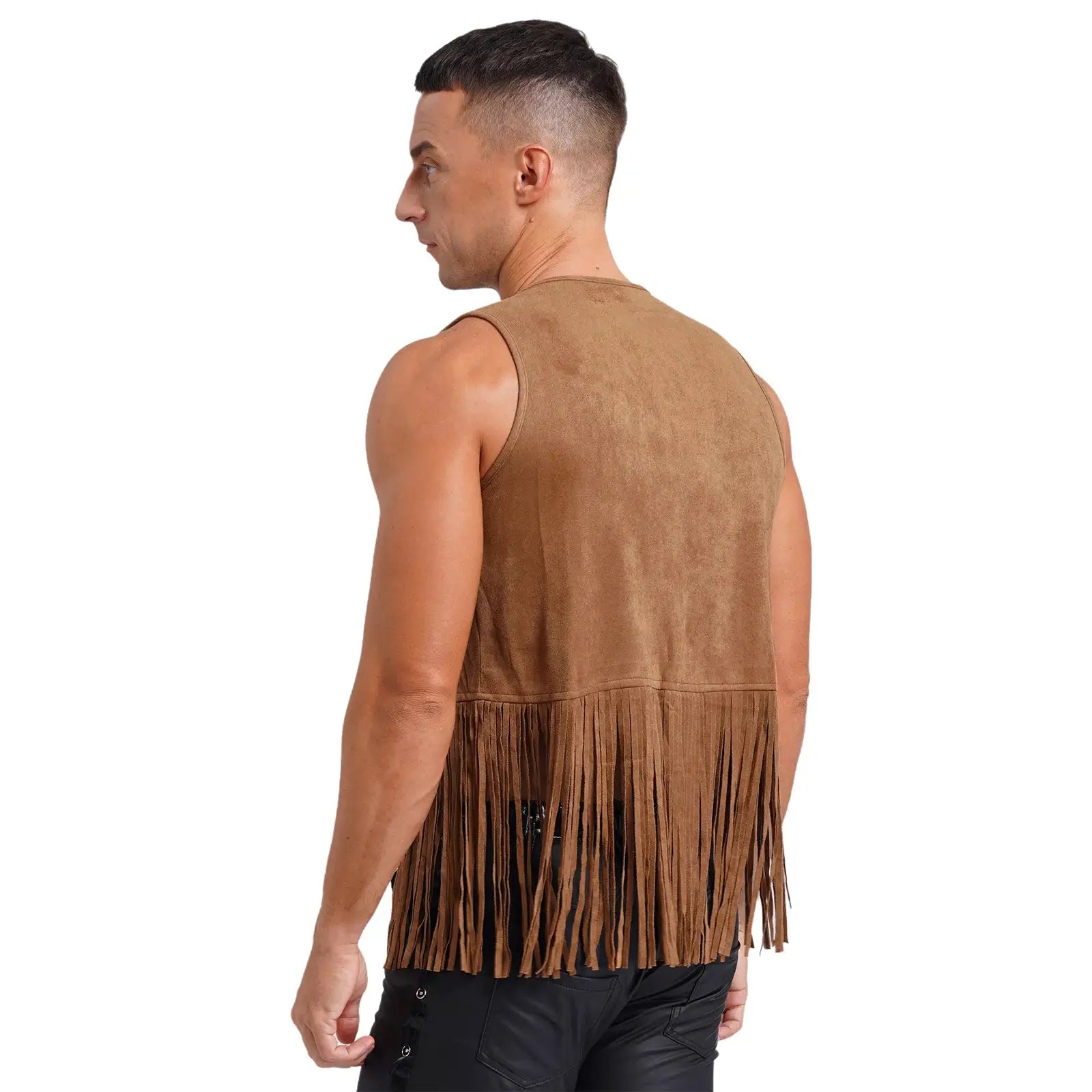 Mens faux suede tassel vest with fringe hem, open front and sleeveless in brown