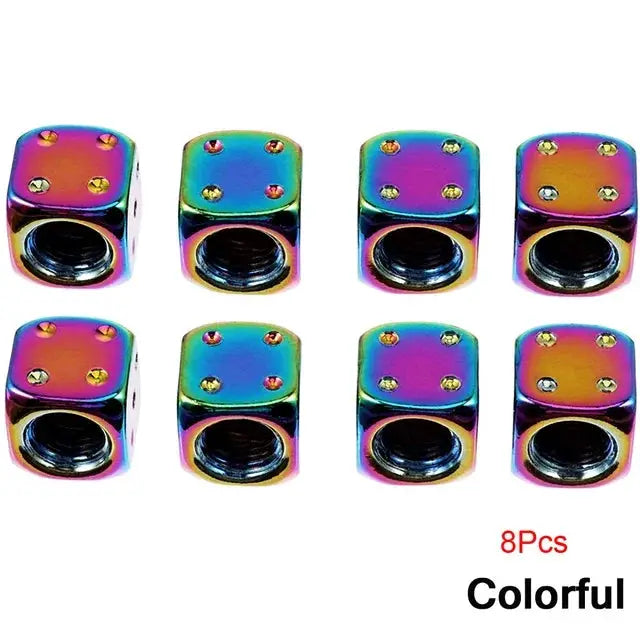 Eight-piece rainbow aluminum dice tire valve caps for cars, trucks, and motorcycles.
