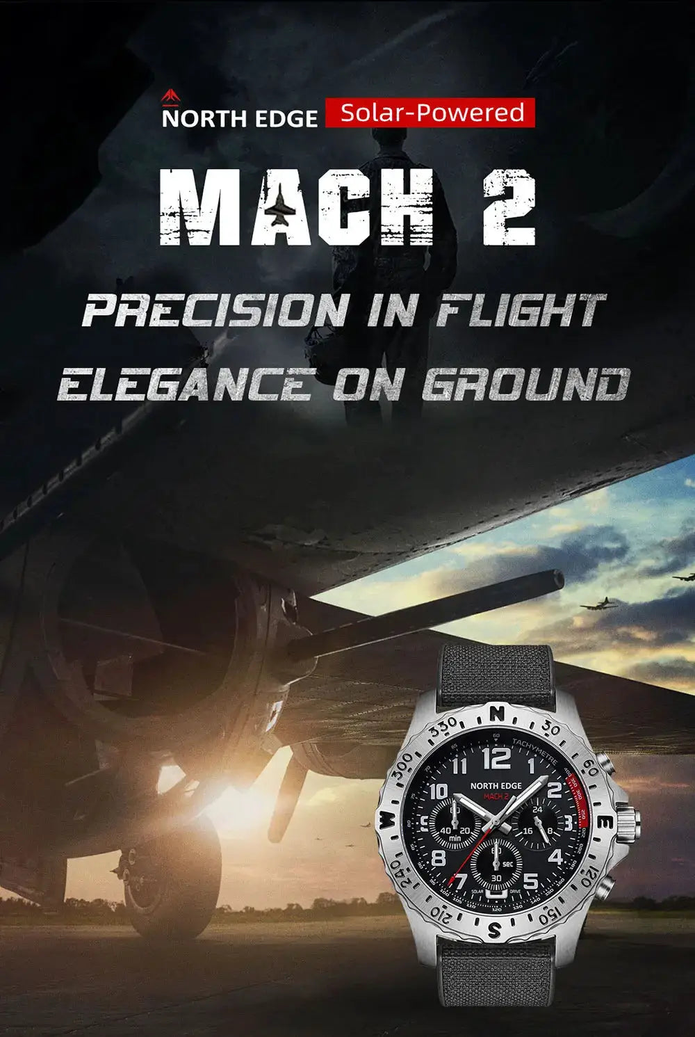 North Edge Mach 2 men's solar-powered quartz watch with stainless steel case and black fabric strap
