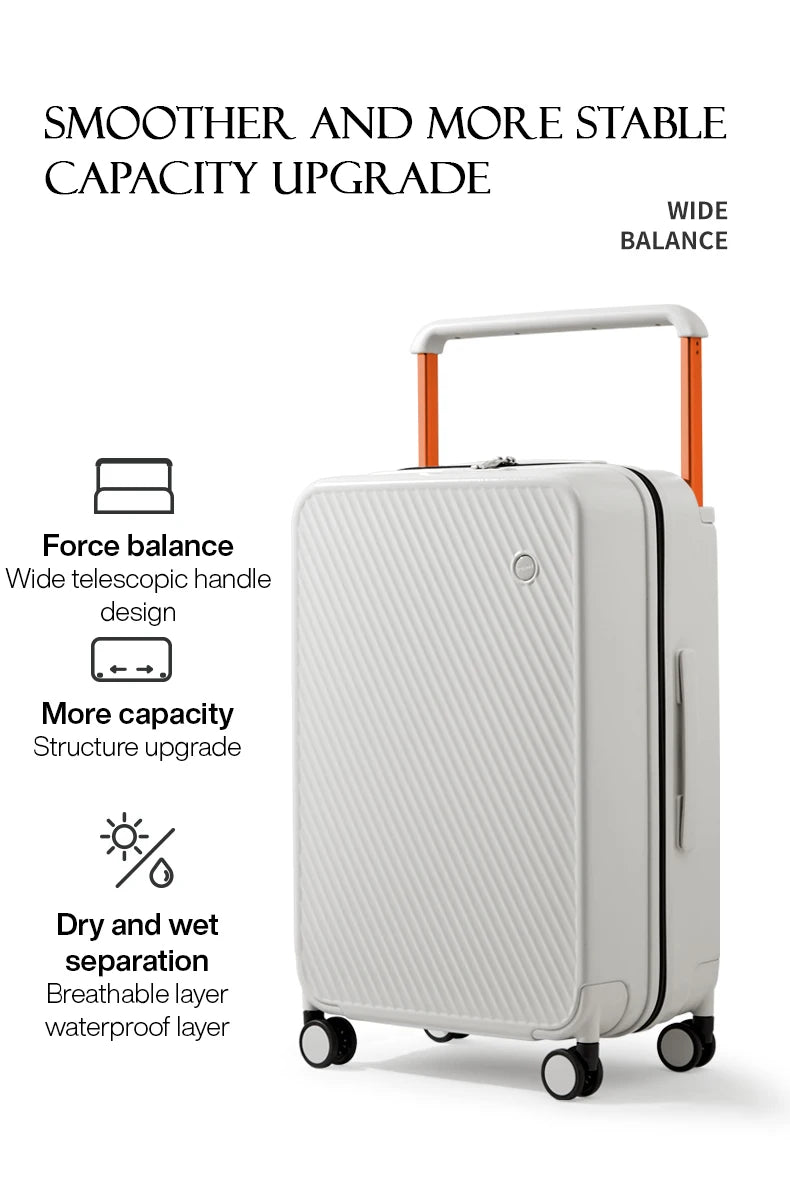 Mixi travel luggage suitcase with white PC hardside shell, orange telescopic handle and spinner wheels