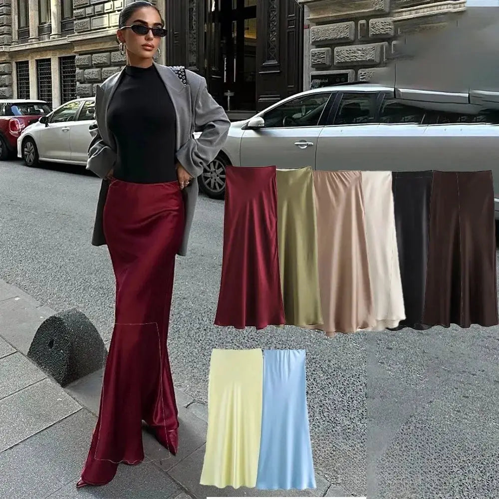 Kondala Vintage Satin Long Skirt For Women High Waist Solid Silky Fashion 2025 Spring Elegant Timeless Comfort