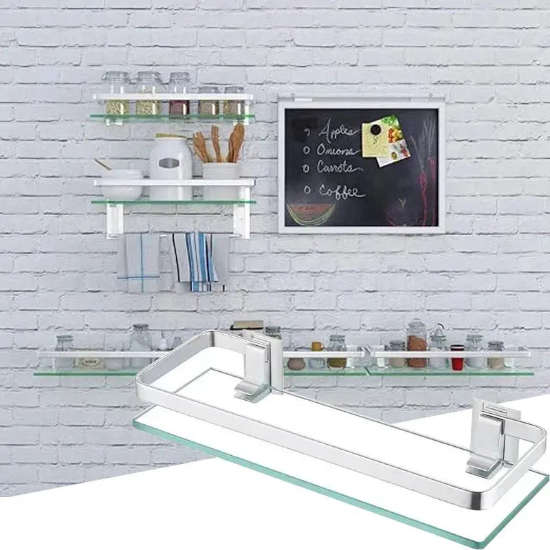 Glass bathroom shelf set with clear glass shelves and chrome brackets for stylish wall-mounted storage and organization