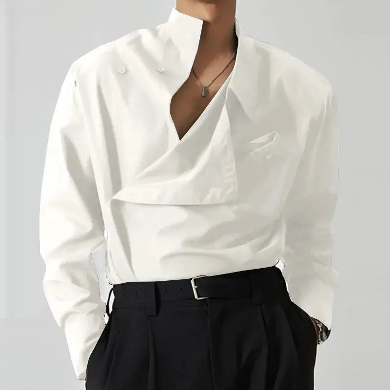 Irregular design buckle-lapel men's shirt by Simples Market, white, vintage French style, long sleeves, loose fit.