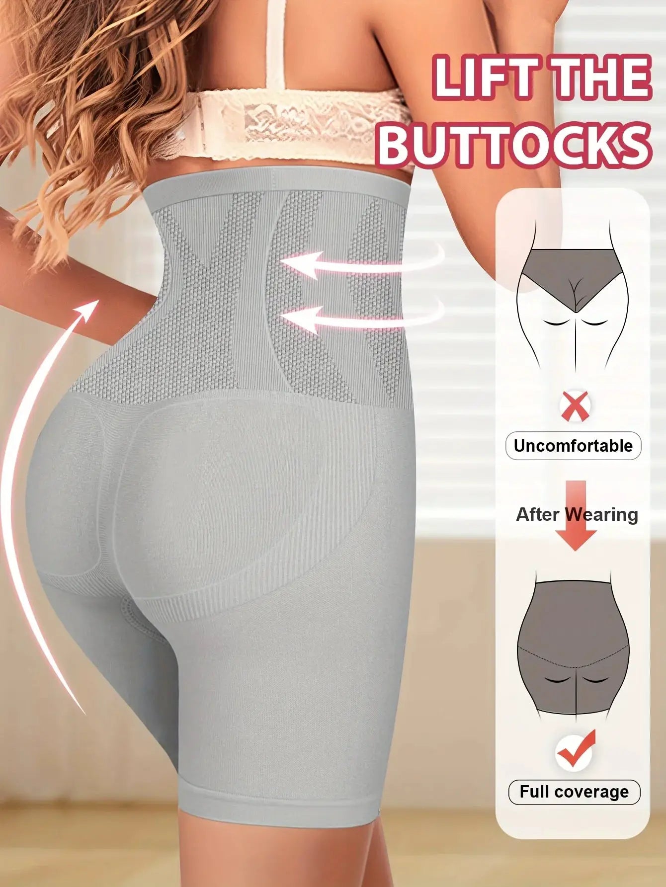 High-waist seamless shaping panties in gray with tummy-contouring panels on model