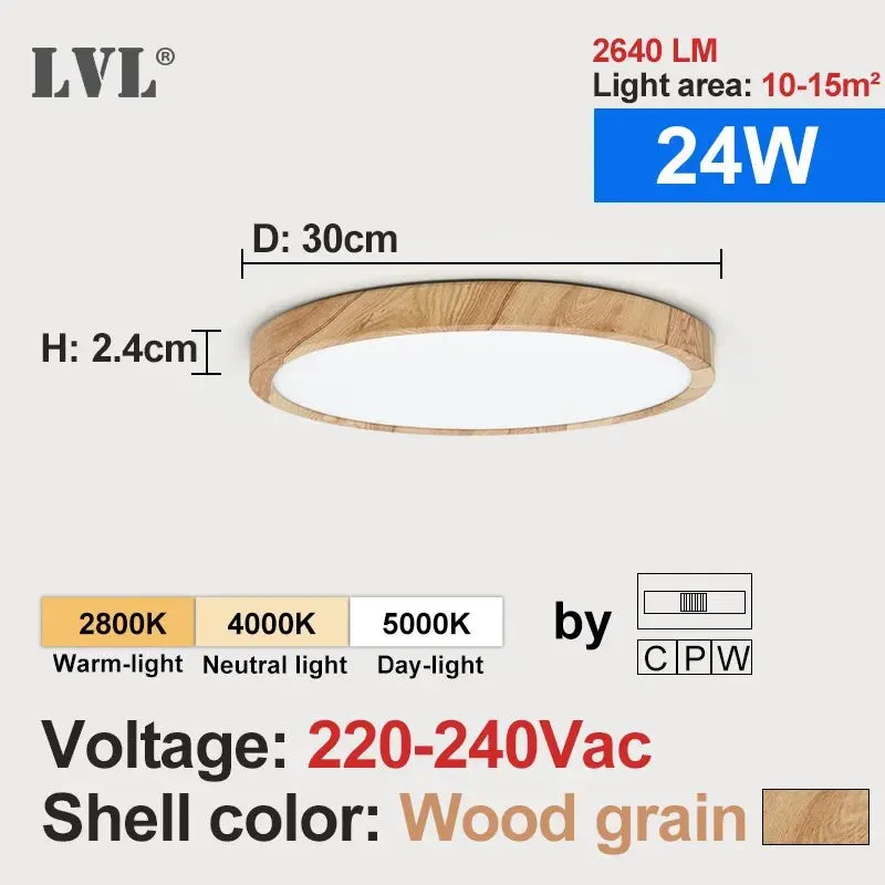 LVL LED ceiling light with wood grain frame and white diffuser, 24W, round flush mount, Simples Market