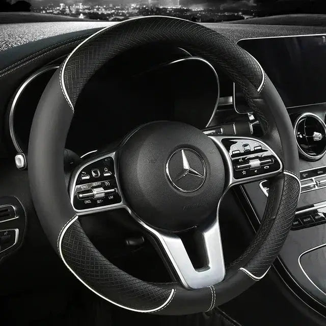 Steering wheel cover microfiber leather 38cm, black with white stitching on a Mercedes-Benz wheel, non-slip