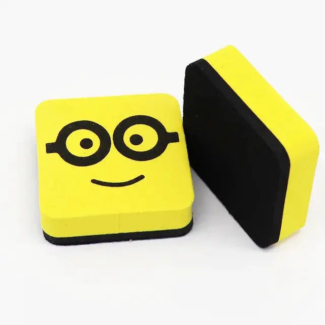 Yellow square whiteboard erasers with black trim and smiley-face print, 2 pieces