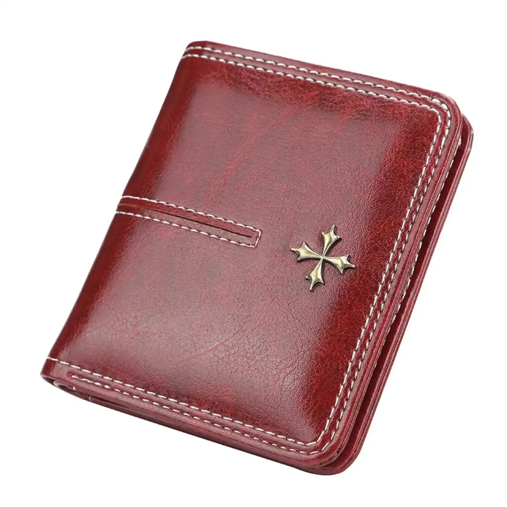 Women's red oil-waxed PU wallet with zipper, multiple card slots, and a metal cross charm