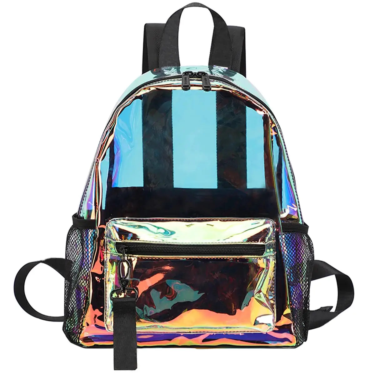Women's PVC clear backpack with holographic finish and front zip pocket