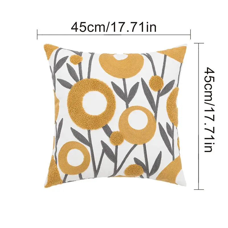 Throw pillow cover, boho floral tufted cotton cushion, mustard yellow and gray, 45×45 cm