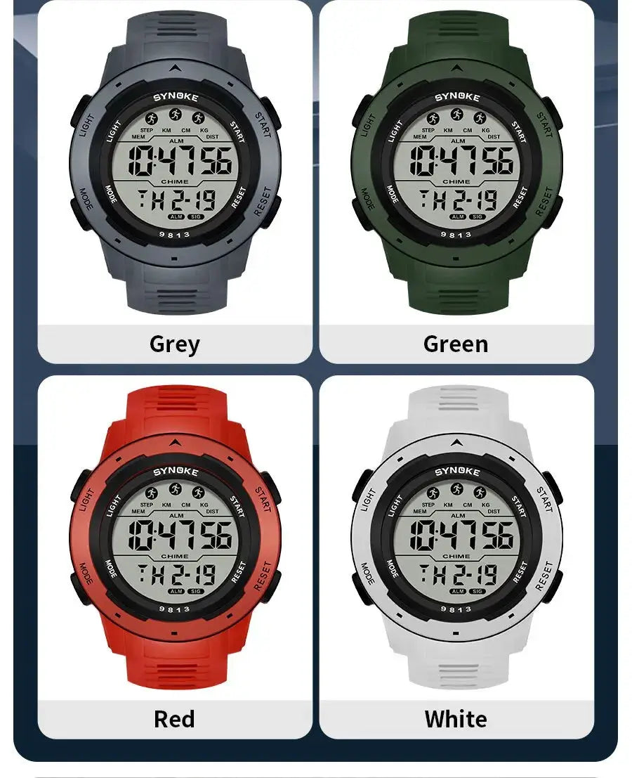 SYNOKE men's digital watch in grey, green, red and white (4 variants)