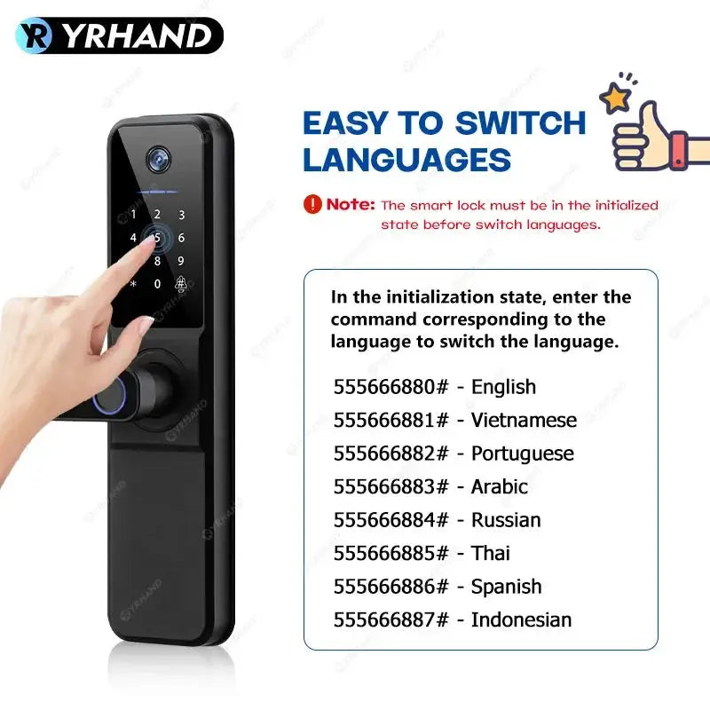 YRHAND H01 electronic smart door lock with biometric camera, fingerprint, black finish