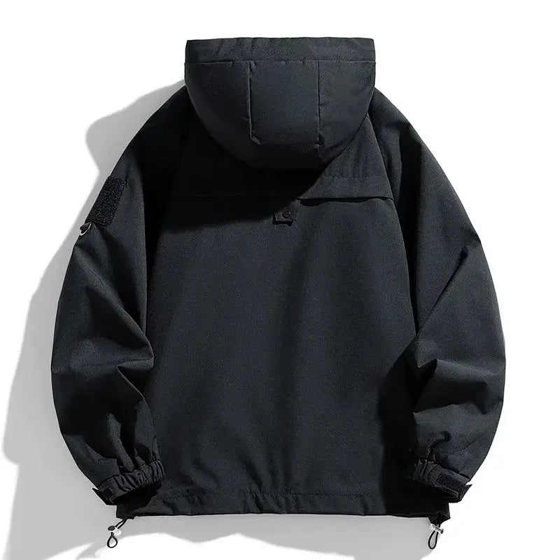 Windbreaker jacket for men, black hooded back view with elastic cuffs and adjustable hem