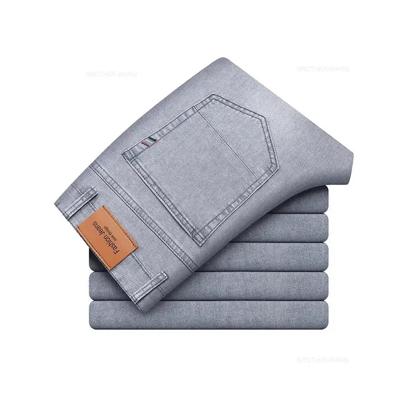 Men's gray elastic cotton jeans, summer lightweight, casual straight-fit pants, six stacked pairs