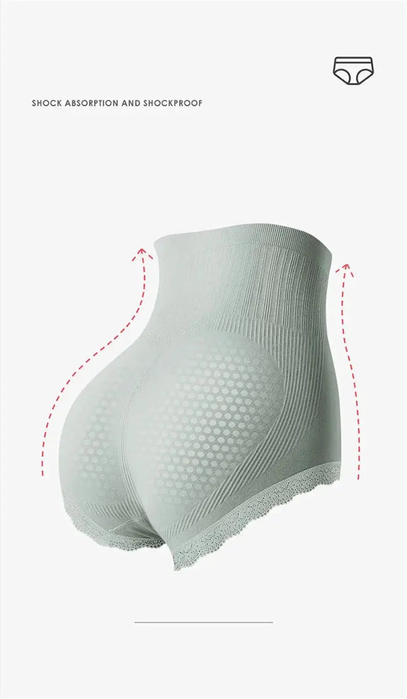 High-waist shaping panty with butt-lifter, breathable fabric, light gray.