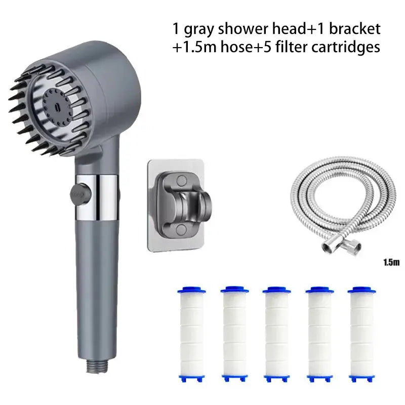 Portable gray shower head kit with bracket, 1.5m hose, and five filter cartridges