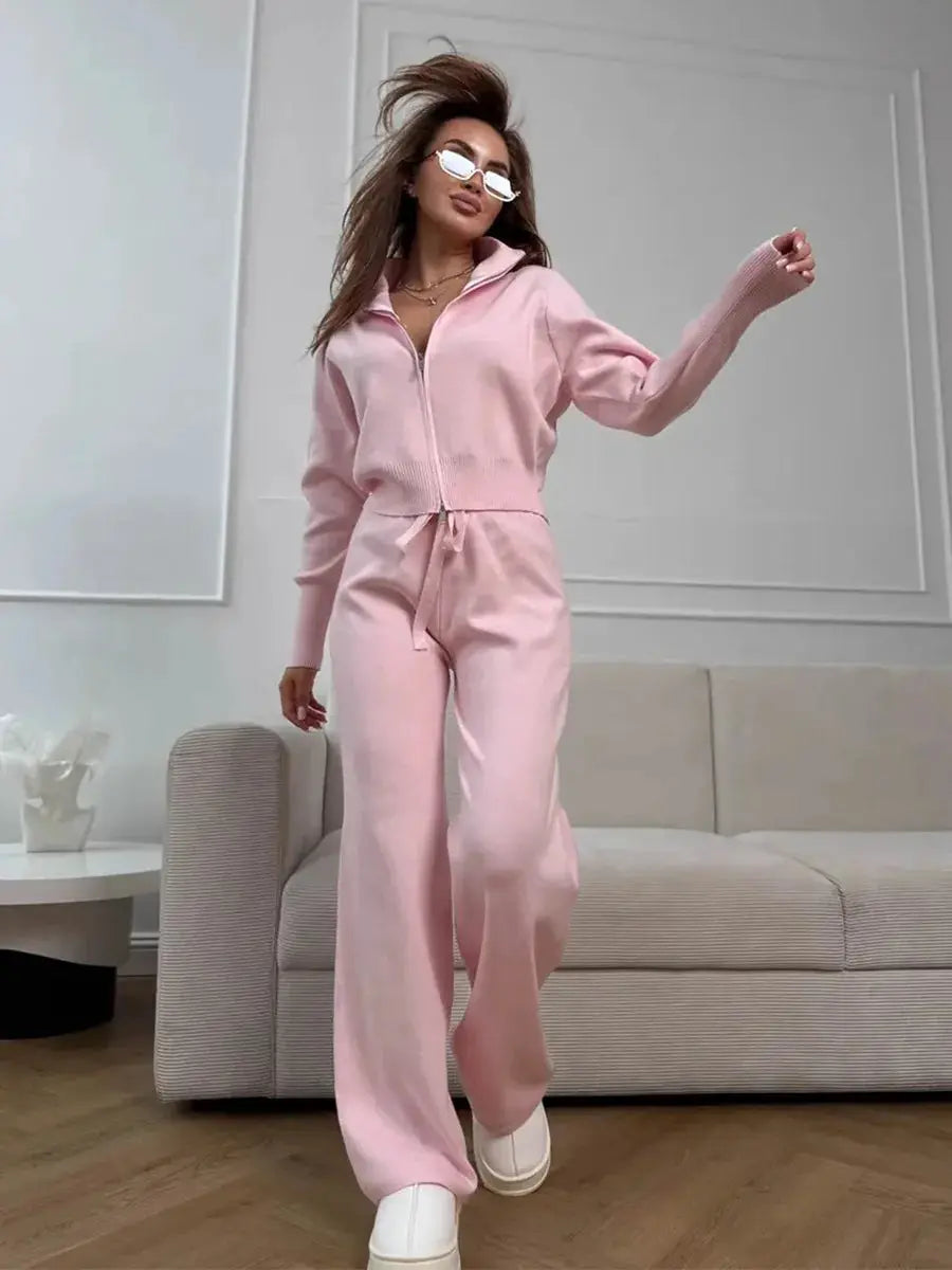 Bornladies Knit Zip Up Cropped Cardigan With Wide Leg Pants Set Women