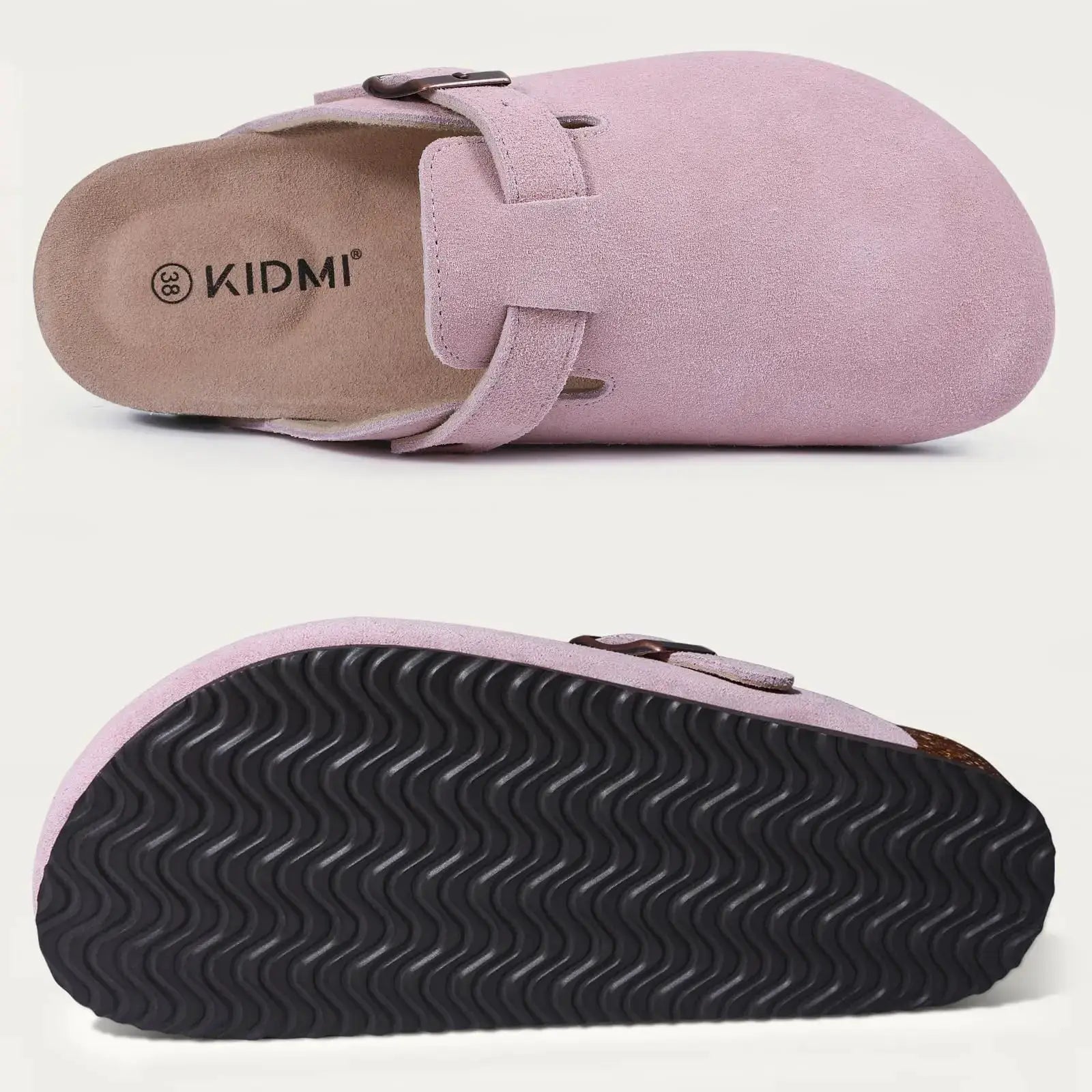KIDMI pink suede clogs with adjustable strap, cork footbed and arch support; black textured outsole