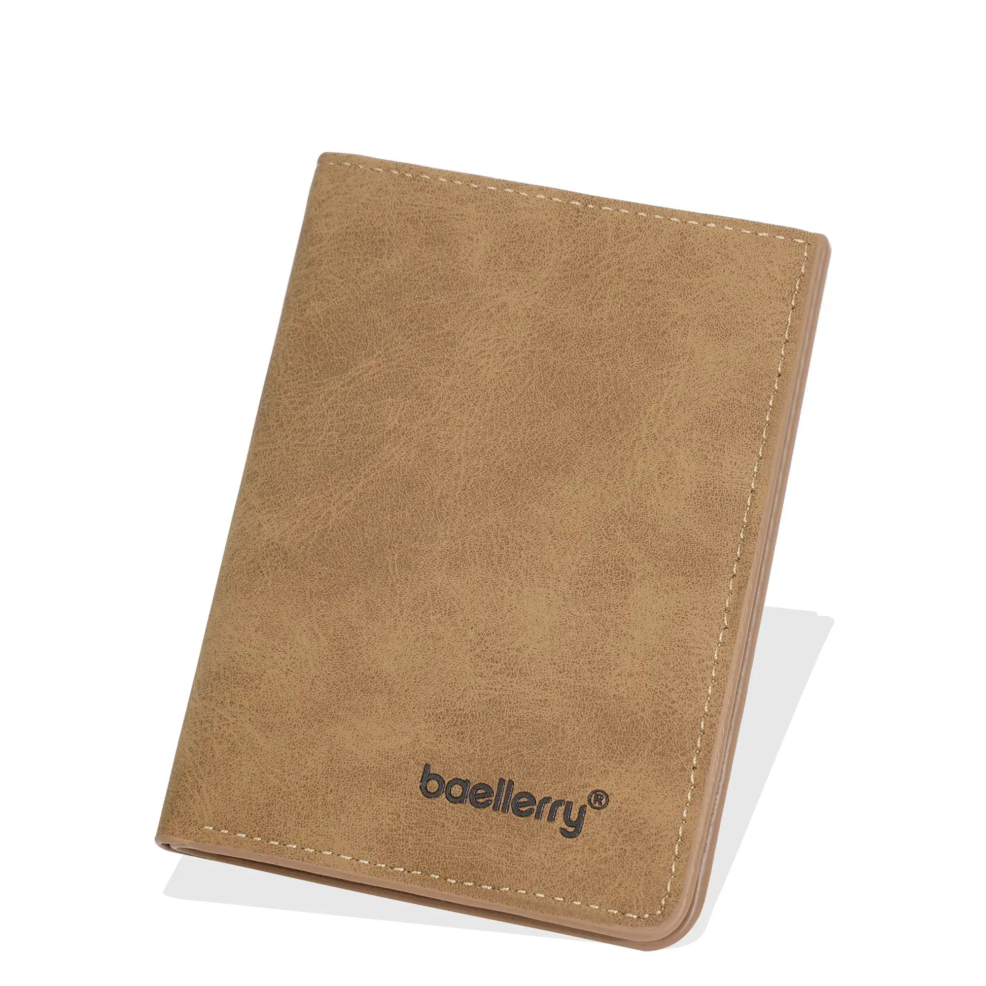 Baellerry men's slim leather bi-fold wallet in tan brown with white stitching
