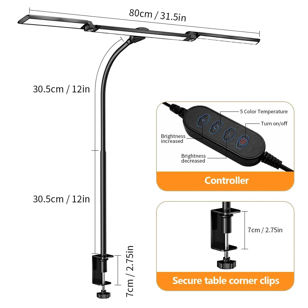 Simples Market Eye-care LED Clip Desk Lamp, black metal clip-on lamp with 80 cm LED bar, 3 temps, 10 brightness levels.