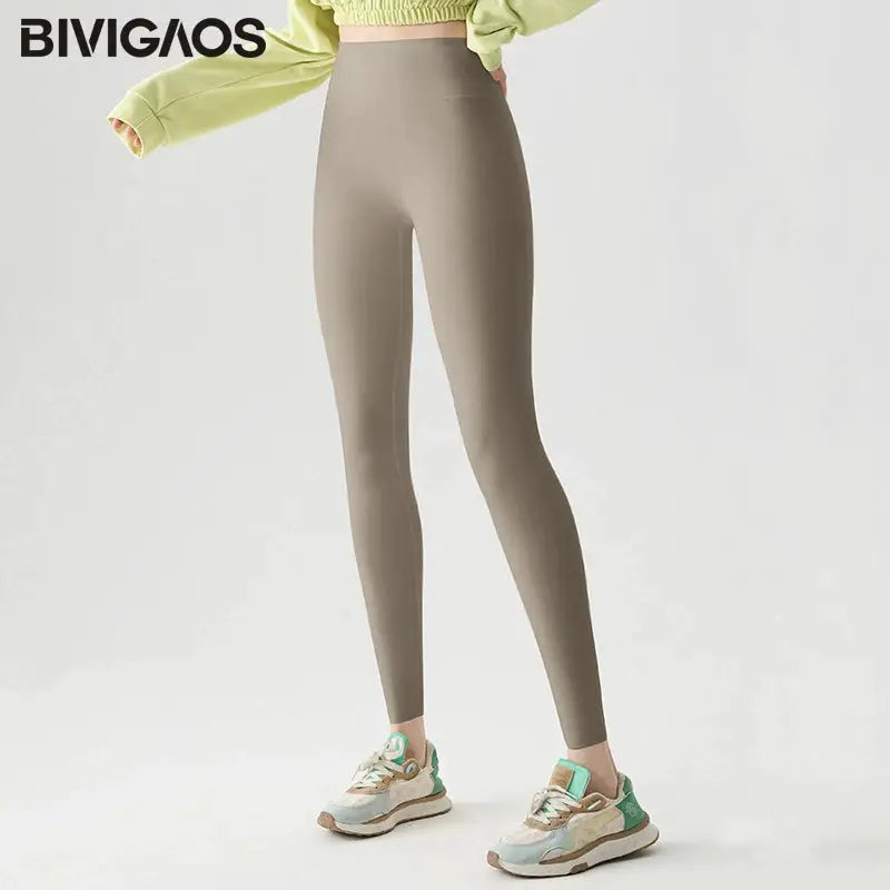BIVIGAOS women's seamless sharkskin leggings in taupe, elastic, tight-fit for sports