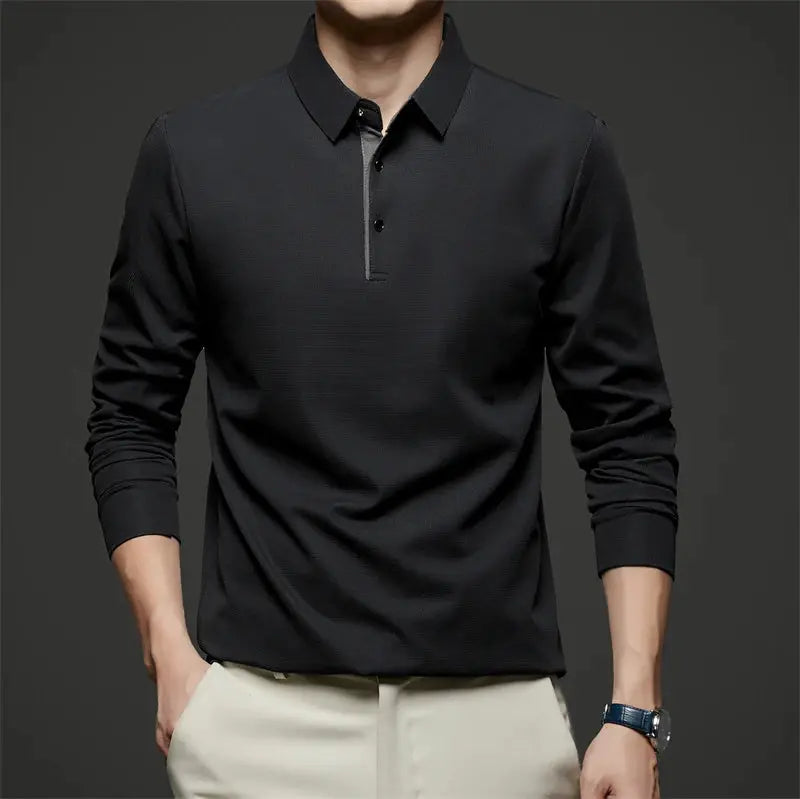 Men's black long-sleeve polo shirt by Simples Market, business casual solid color