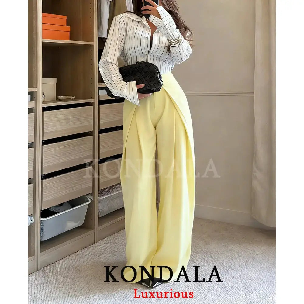 KONDALA Casual Chic Wide Leg Pants For Women High Waist Pleated Trousers With Pockets Office Lady