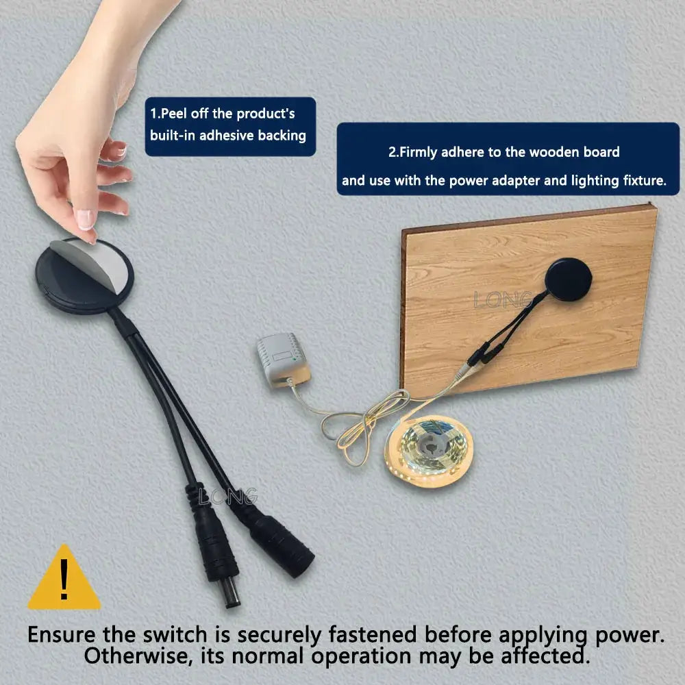 Simples Market touch-dimming switch on wooden cabinet panel with hidden sensor and wave control, 5-24V DC LED kit.