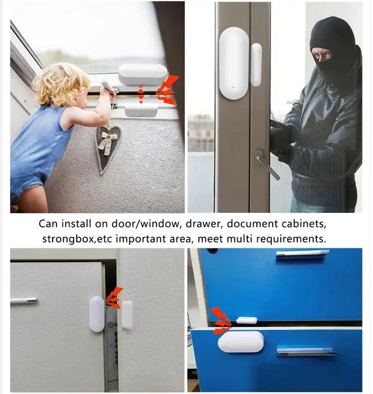 Tuya WiFi door sensor by Simples Market, white open/close detector for doors/cabinets; works with Smartlife and Alexa.