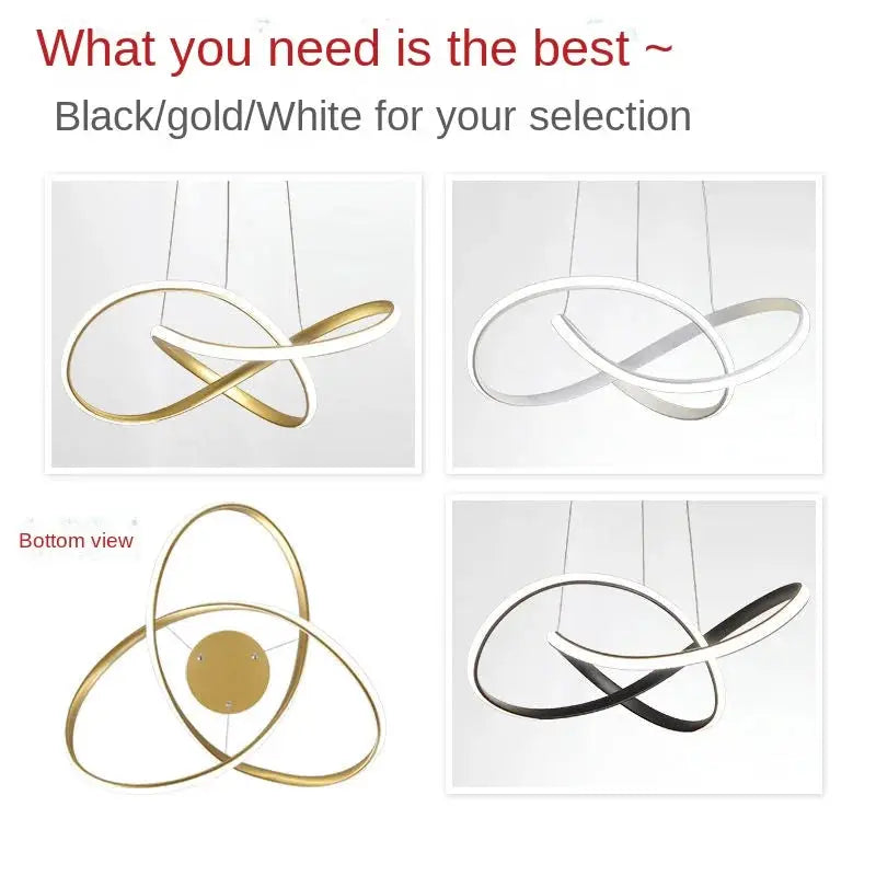 Dining room pendant lamp by Simples Market with interlocking Clover loop design in gold, white, and black finishes