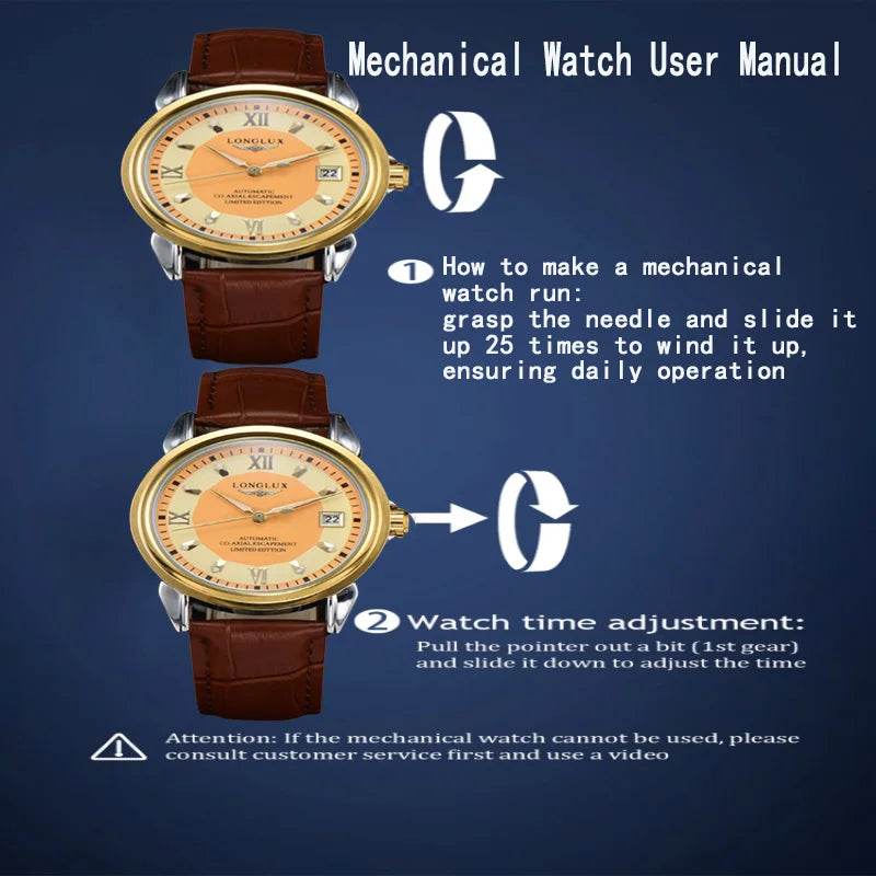Two men's automatic watches with brown leather straps, gold-tone cases, beige Roman-numeral dials and date windows.
