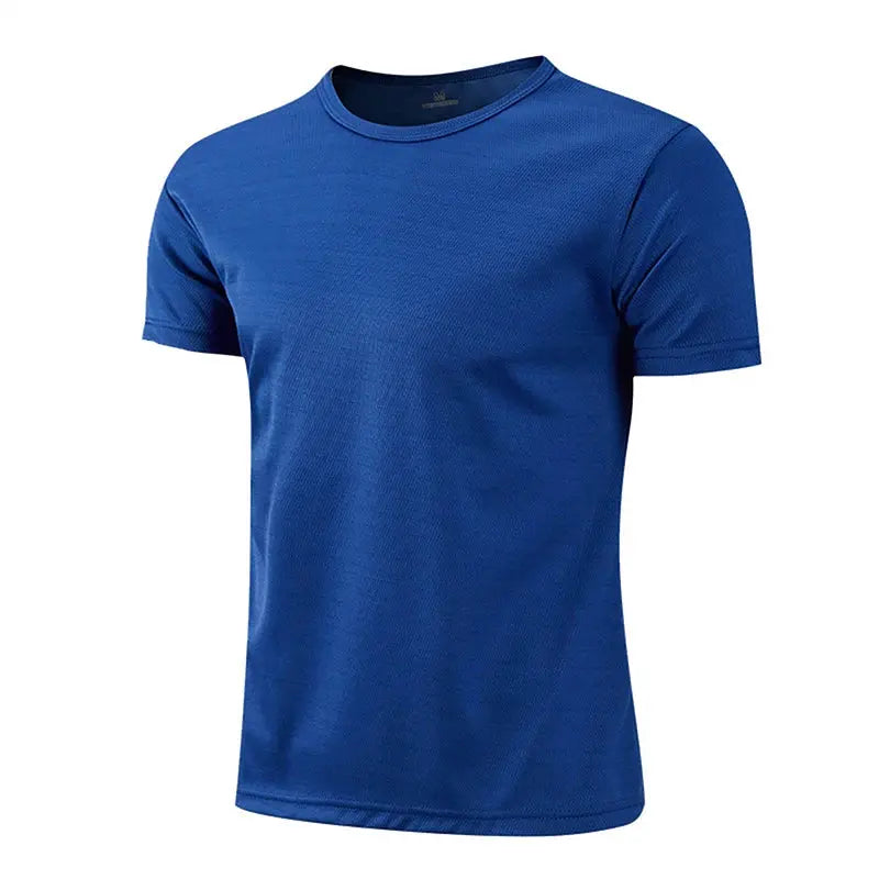 Blue men's short-sleeve athletic T-shirt for running with quick-dry fabric