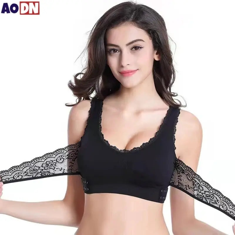 Sports bra black lace trim with scalloped neckline and wide straps, seamless, Simples Market
